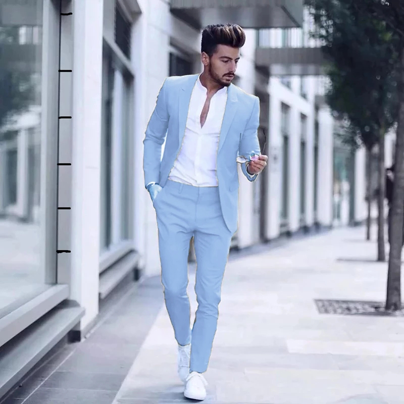 2022 Handsome Pink Mens Suits Wedding Tuxedos Slim Fit Peak Lapel Two Pieces Groom Formal Wear Male Men Prom Party Blazer (Jacket+Pants) Sky Blue Blac