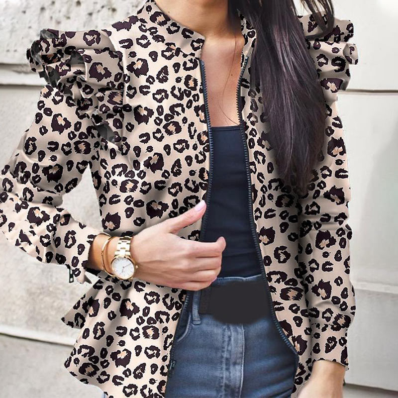 Autumn Camouflage Print Ruffled Jackets Women Slim O-neck Ruffles Elegant Jacket Female Winter Fashion Casual Ladies Coats 201007