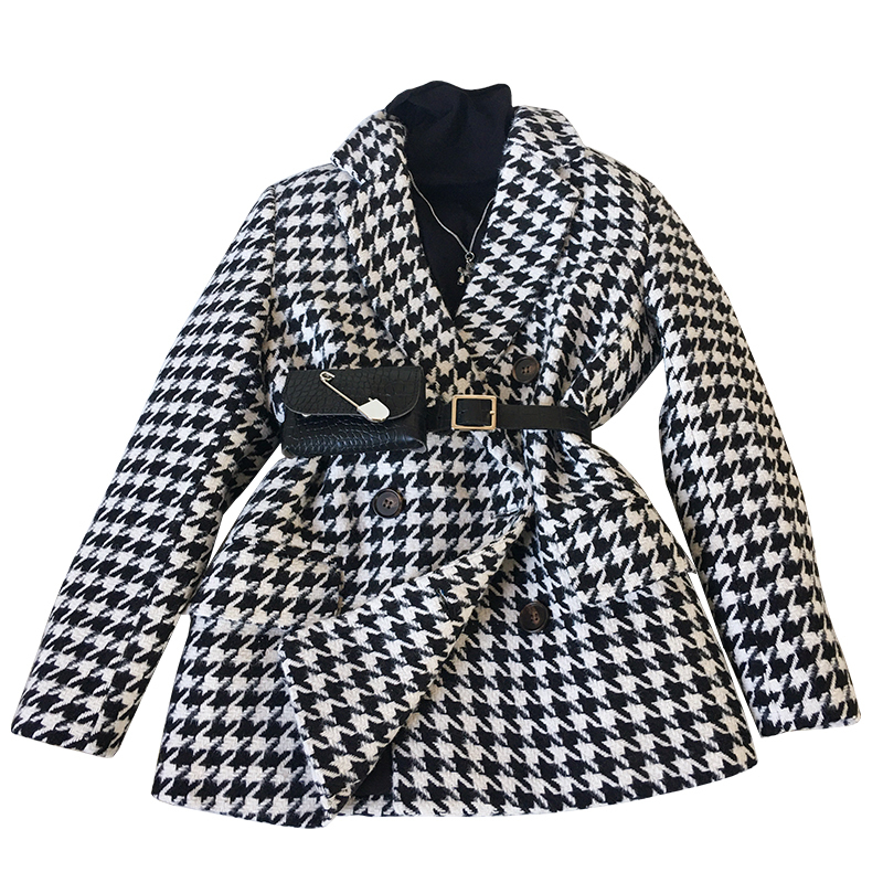 Winter women jacket new Korean version with waist bag houndstooth woolen coat suit thick and loose office ladies casual overcoat 201126