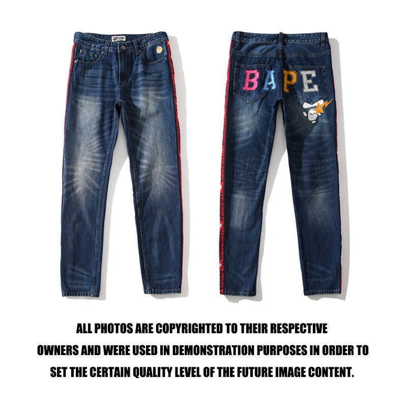 Men's Jeans 20s Chao brand ape lettered head embroidery lightning red edge washing and grinding white cat beard jeans, Blue
Men's Jeans 20s Chao brand ape lettered head embroidery lightning red edge washing and grinding white cat beard jeans, Blue