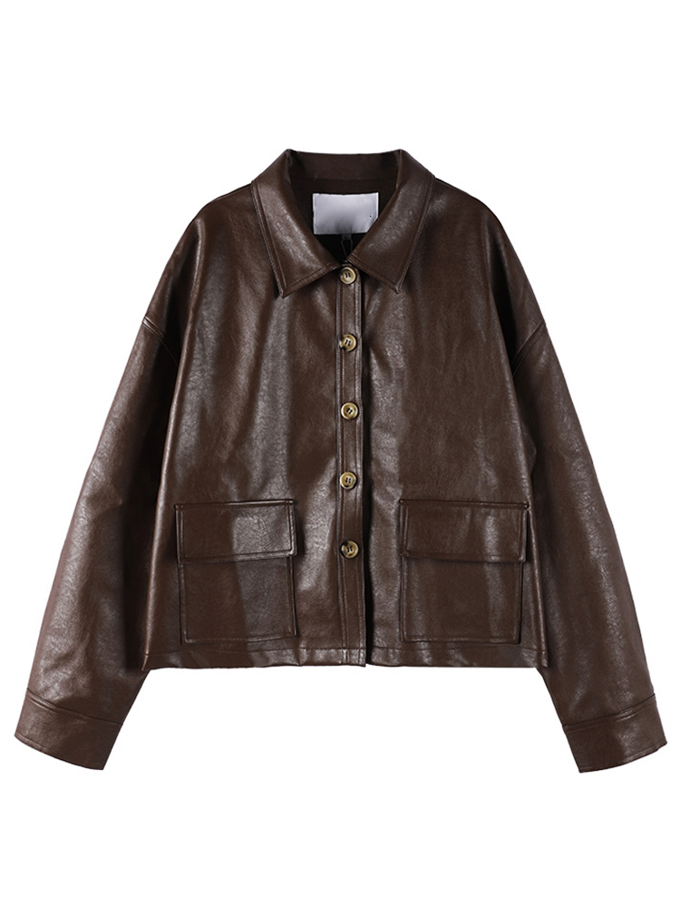 Nerazzurri Short brown leather jacket women long sleeve drop shoulder Plus size faux leather jackets for women Spring shirt 201020