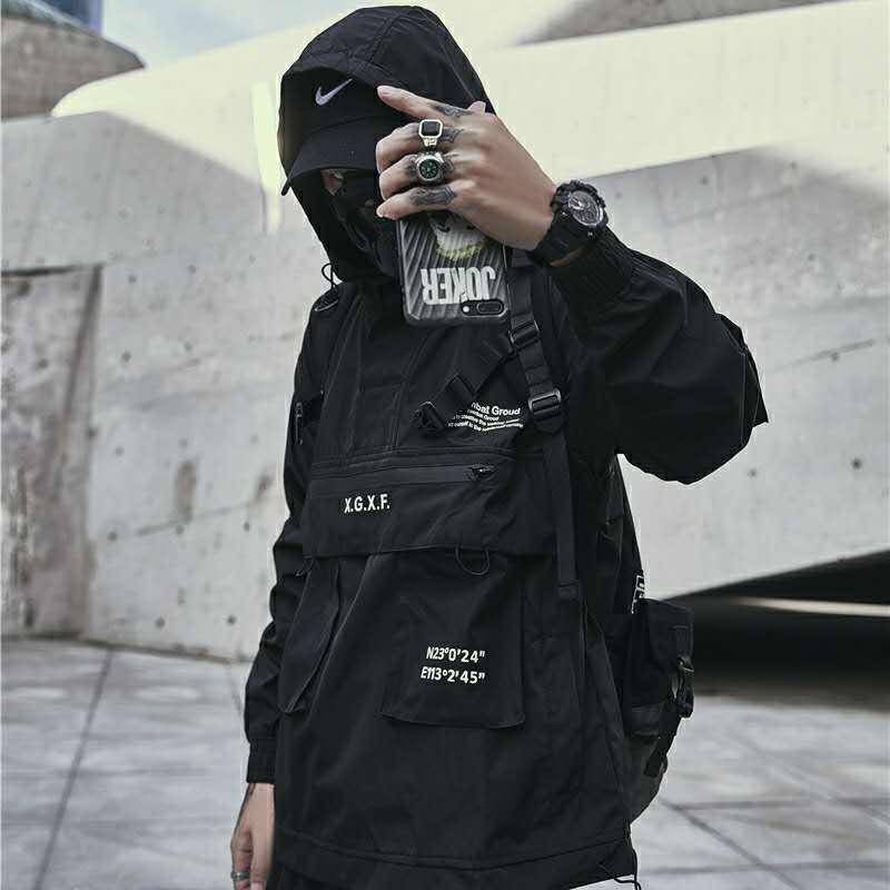 Techwear Jacket Men Streetwear Black Hooded Futuristic Anorak 201128