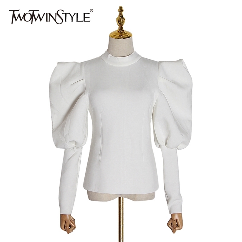 TWOTWINSTYLE Casual Ruched Women's Sweatshirts O Neck Puff Long Sleeve Tunic Slim Pullovers For Female Fashion Clothing 201211