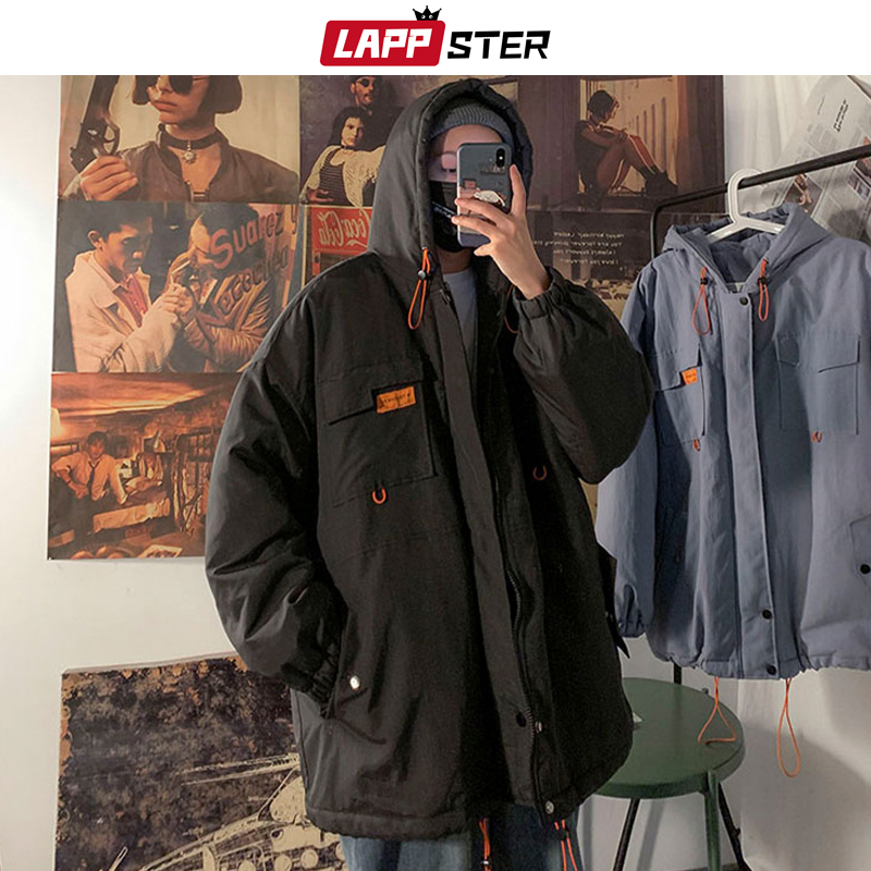 LAPPSTER Men Black Streetwear Winter Jackets Coats Mens Korean Hooded Puffer Jacket Coat Male Harajuku Pocket Hip Hop Parka 201127