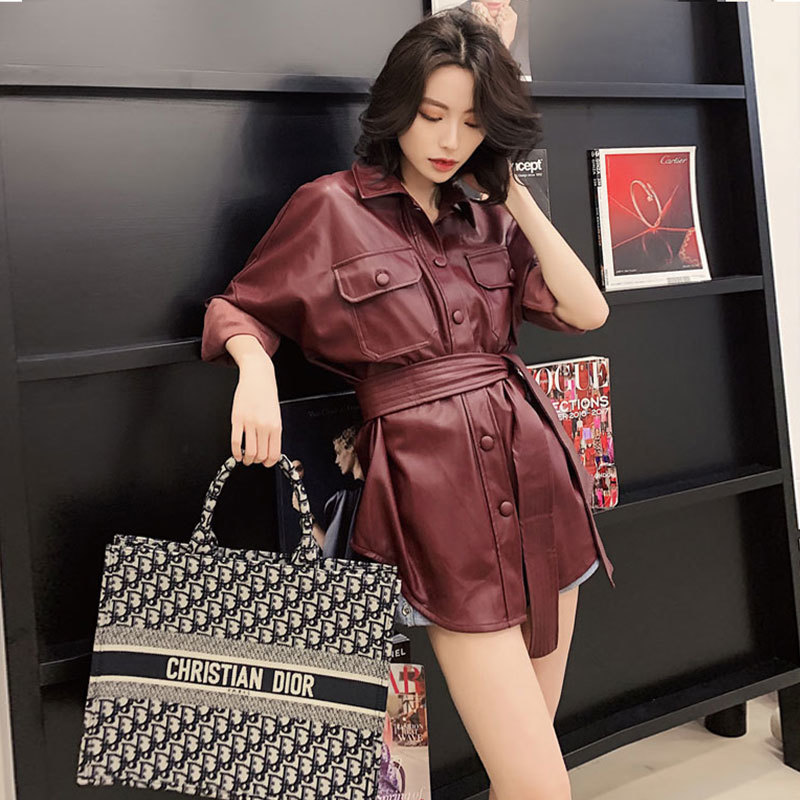 Lusumily Leather Jacket Women Tie Belt Waist Pockets Outwear Fashion Single Button Coats Burgundy Casual Elegant Faux Pu Jackets T200810