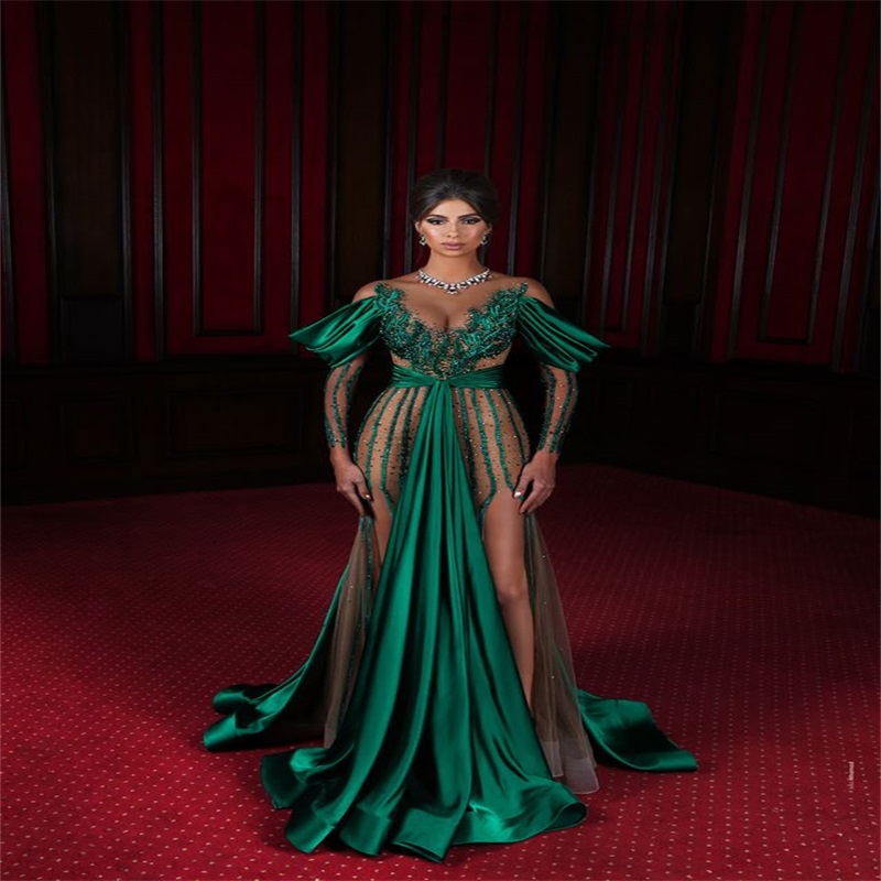 Sexy High Split Green Prom Dresses Luxury Beads Sequins Appliqued A Line Evening Dresses Chic Illusion Ruched Satin Party Dress
