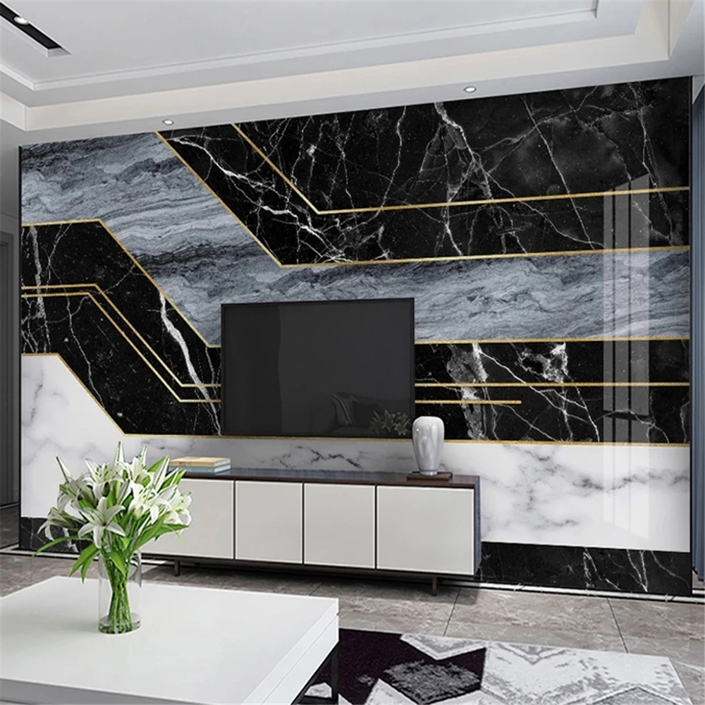 Custom Mural Modern Black White Blue 3D Striped Geometric Marble Pattern Living Room TV Background Decor Waterproof