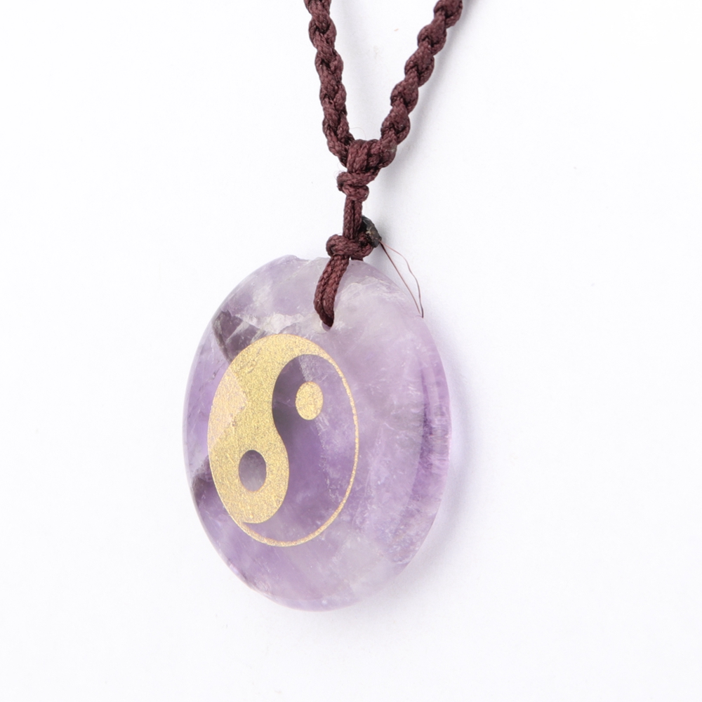 Engrave Taoist Taiji YinYang Fish Pattern Pendant Necklace Natural Crystal Stone Reiki Healing Jewelry Men's and Women's Charm Drop Necklace