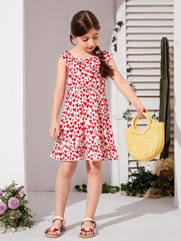 Girls Heart Print Ruffle Hem Dress SHE