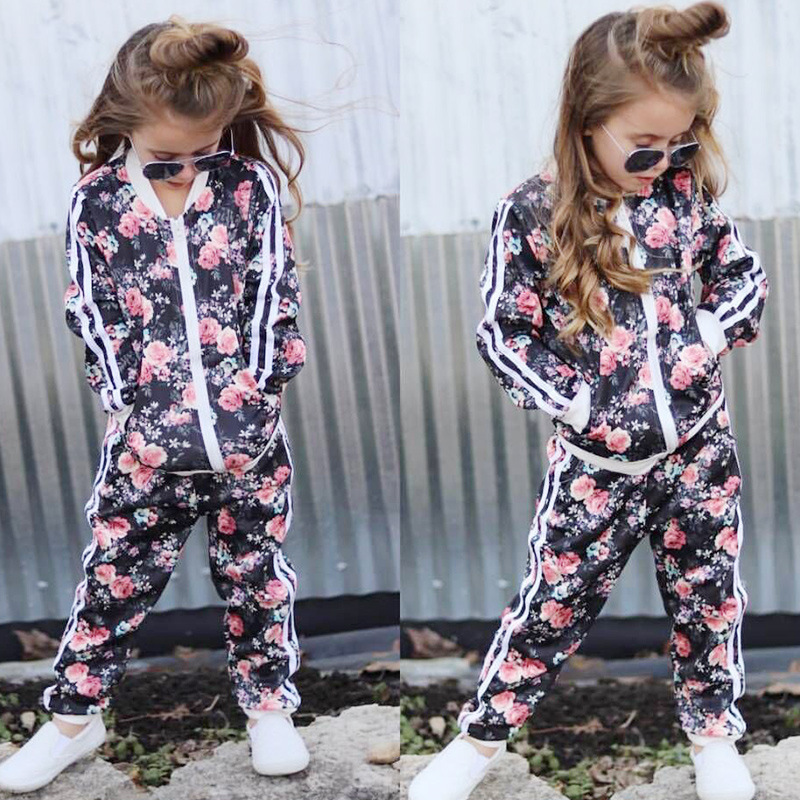 Print Floral Toddler Girls Winter Clothes Set 2020 Baby Girl Boutique Kids Clothing Sport Suit Hip Hop Girl Tracksuits Zip UpX1019