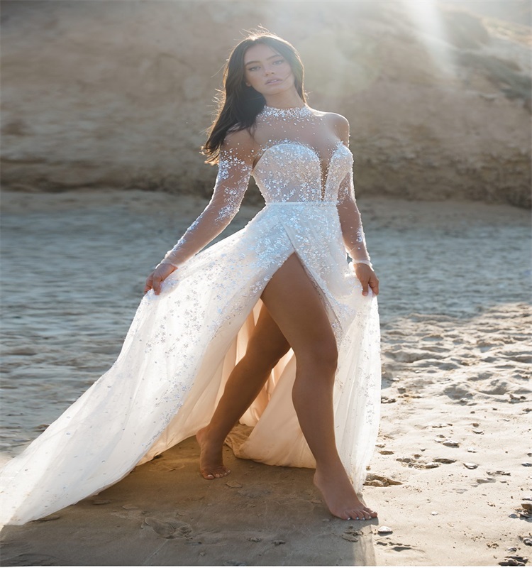 New Arrival A-line Wedding Dresses Sexy Side-split Appliqued Lace Sheer Bridal Gown High Neck Long Sleeves Robes De Mariée