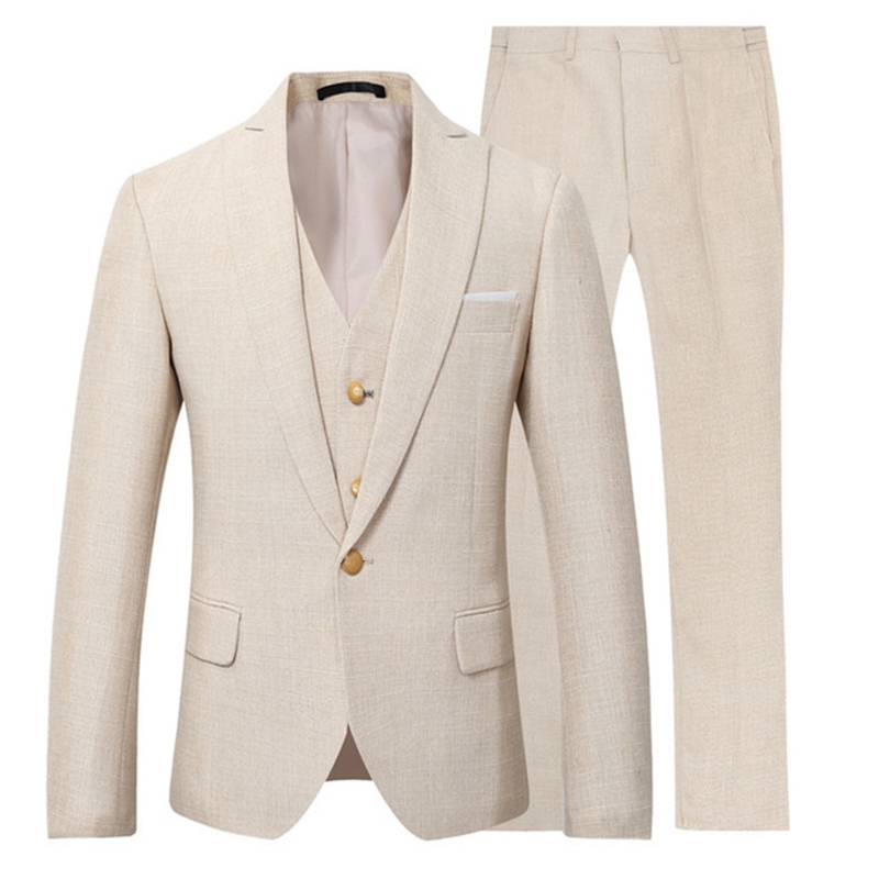 Beige Ivory Men Suit Casual Linen Beach Suit Wedding Groom Stylish Prom Dress Men Party Wear 3 Pieces(jacket+vest+pants) 201105
