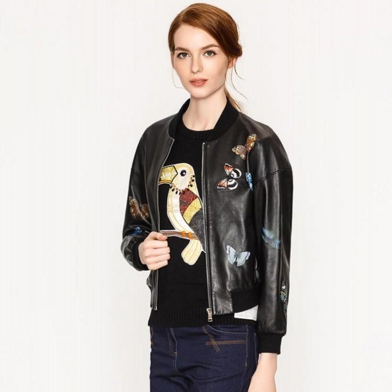Women Genuine Casual Real Leather Bomber Jacket Sheepskin Slim Butterfly Embroidery Coat Ladies Fashion Overcoat, Black
Women Genuine Casual Real Leather Bomber Jacket Sheepskin Slim Butterfly Embroidery Coat Ladies Fashion Overcoat, Black