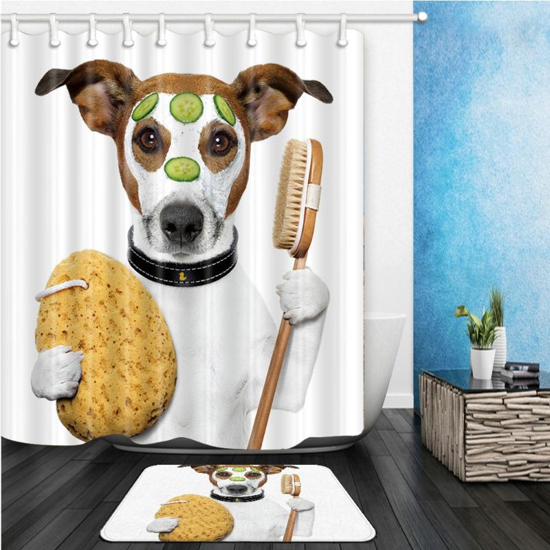 

Funny Dog Shower Curtains Set Cute Animal Take Bath Cute Pet Bathroom Decor Home Bathtub Curtain and Flannel Mat Carpet Cheap