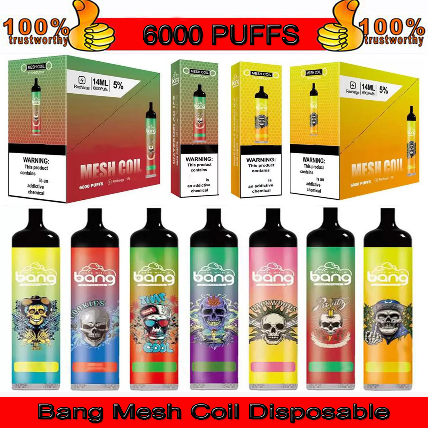 Original Bang Mesh Coil 6000 Puffs Bars Disposable E cigarettes Vape Pen 14ml Pre-filled Pods Cartridge 1100mAh Rechargeable Battery
Original Bang Mesh Coil 6000 Puffs Bars Disposable E cigarettes Vape Pen 14ml Pre-filled Pods Cartridge 1100mAh Rechargeable Battery