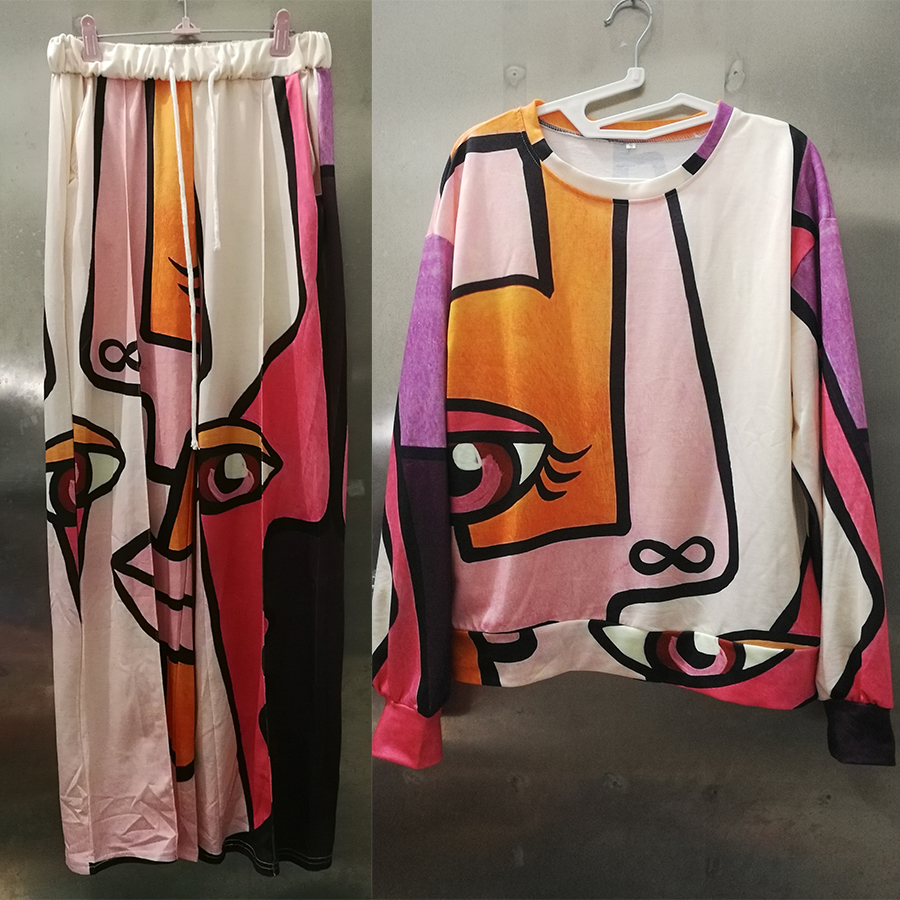 Pink Face Eyes Hip Hop Thin Sweatshirt Pants Suit 2 Piece Set Women Tracksuit New Autumn Tops Loose Casual Girls Plus Size 3XL 201119