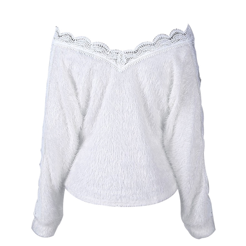 Women Autumn Spring Fashion Lace V-Neck Pullover Sweater Streetwear Long Sleeve Oversize Casual Loose Thin Tops 201221