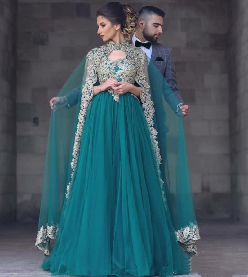 Elegant Long Arabic Dubai Evening Formal Dresses With Wrap Shawl Gold Lace Appliques 2022 A Line Hunter Muslim Prom Dress Party Gowns High Neck Specia