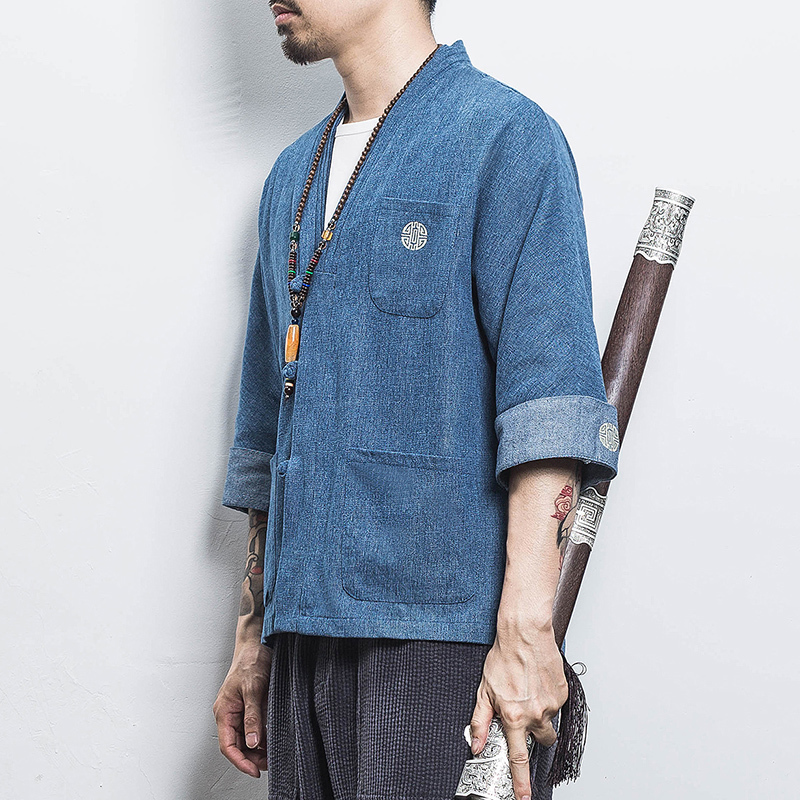 MRDONOO Chinese Stylel 100% Cotton Kimono Cardigan Men Vintage Denim Jacket Casual Coat Male Streetwe Plus Size A032-KS001 T200502