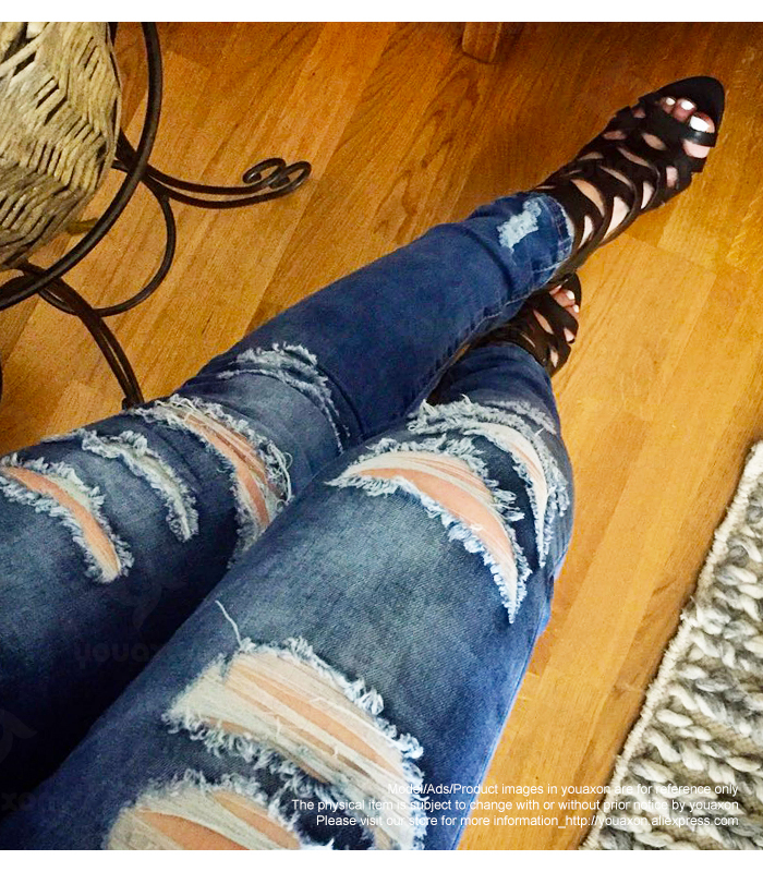 2045 Youaxon Women`s Fashion Blue Low Rise Skinny Distressed Washed Stretch Denim Jeans For Women Ripped Pants 201029