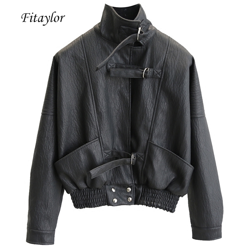 Fitaylor Harajuku Faux Leather jacket Batwing Sleeve Loose Biker Coat Casual Autumn Women PU Outwear Punk Bomber Jackets 201226