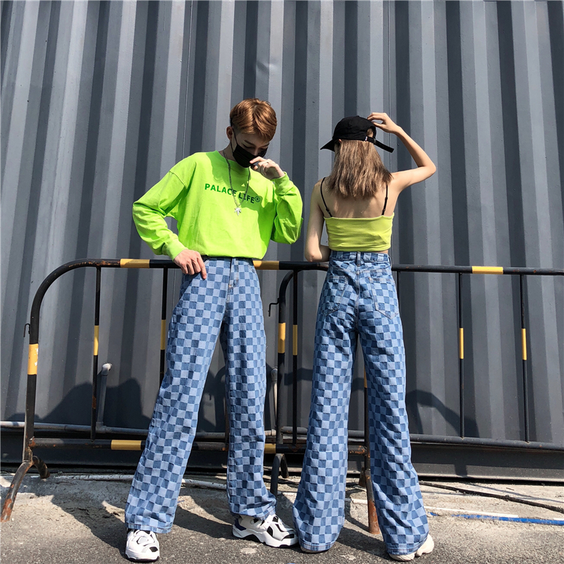 new Cotton Checkered Jeans Women Vintage 90s Boyfriend High Waist Denim Pants Female Plaid Wide Leg Jeans Straight Trousers 201105