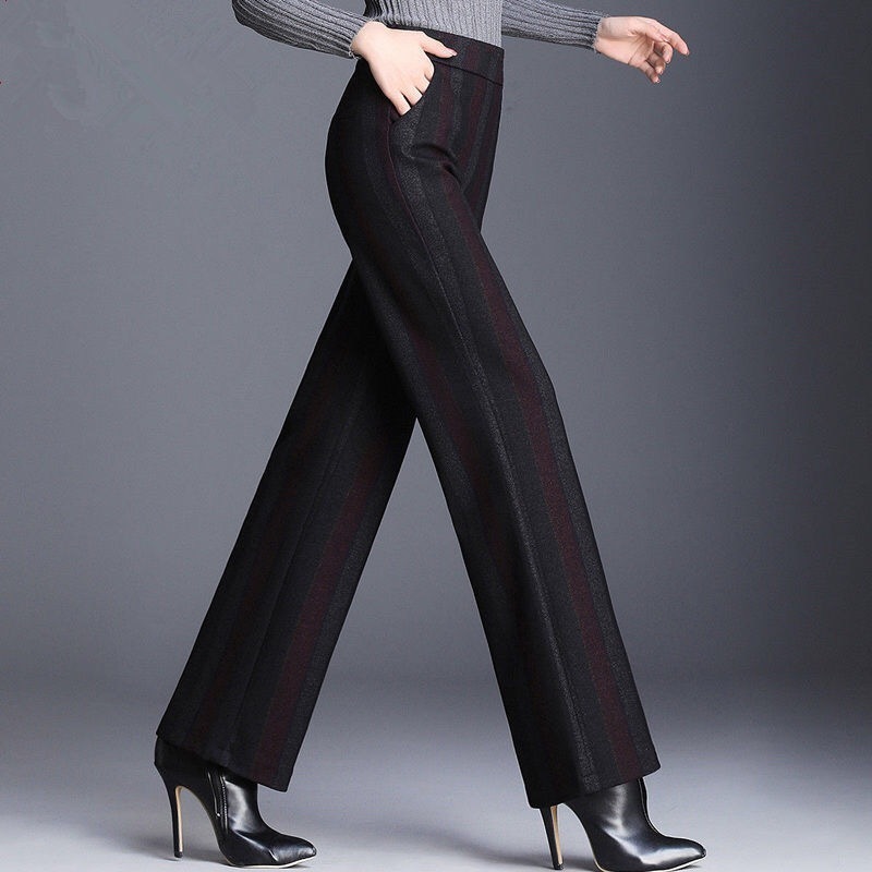 Fashion New Striped Woolen Wide Leg Pants Women Hot Sale Casual Loose Spring Autumn High Waist Trouers Plus Size Mom Pants 201111