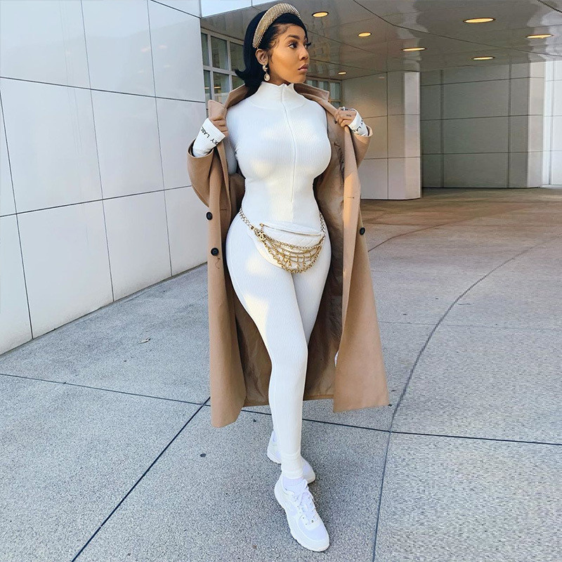 Streetwear Zipper Knitted Sexy Bodycon Lucky Label Jumpsuit Women Overall Long Sleeve Skinny Rompers Womens Jumpsuit Female