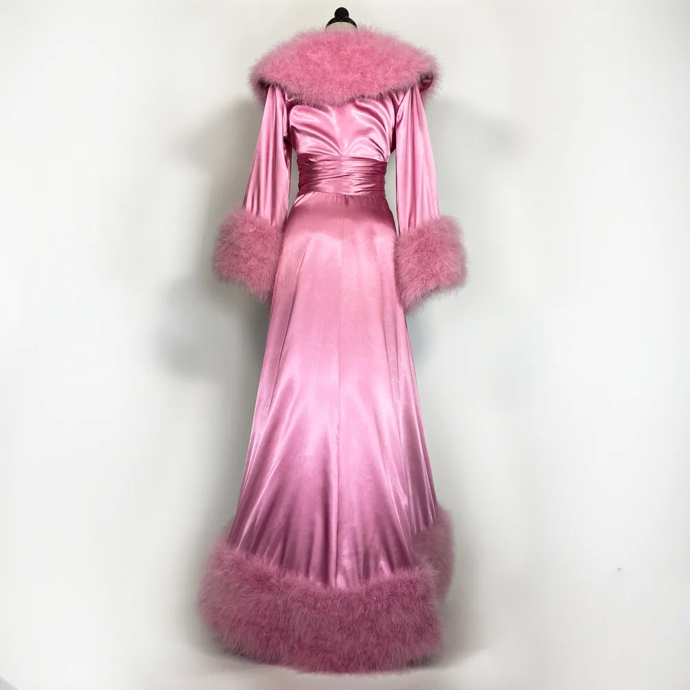 Luxury Silk Bride Sleepwear Robes Feather Long Sleeve Custom Made Royal Women Sleepwear Sweep Train Pajamas Dresses