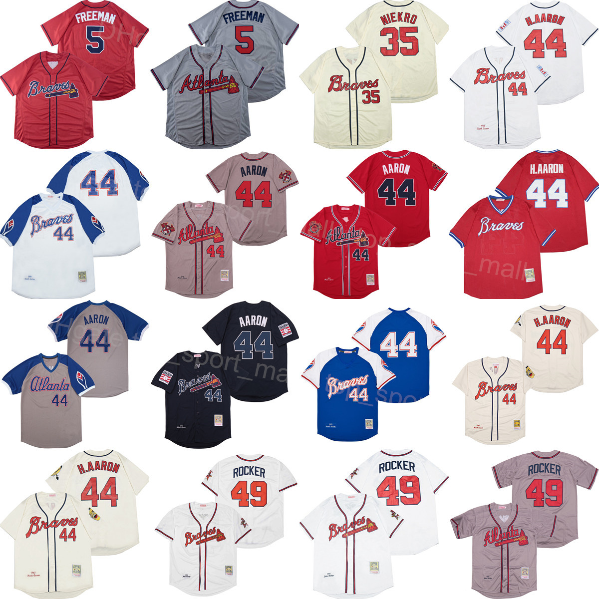 Retro 1974 1995 1999 Vintage Baseball 35 Phil Niekro Jersey 49 John Rocker 5 Freddie Freeman 44 Hank Aaron Cool Base Red Grey White Beige Navy Blue Retire 1961 1963 1973