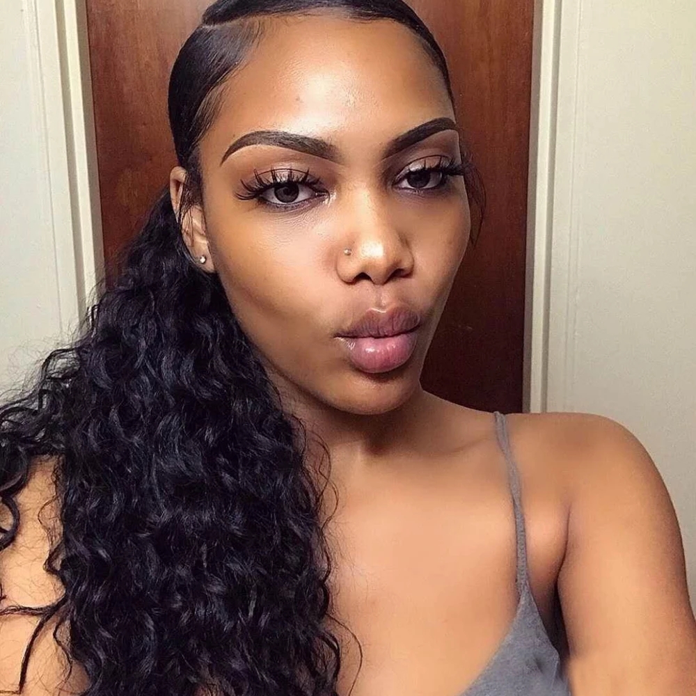 Long Ponytail Human Hair Machine Remy Brazilian deep wave Curly Ponytail Hairstyles 100% Natural Hair Clip in Extensions natural color