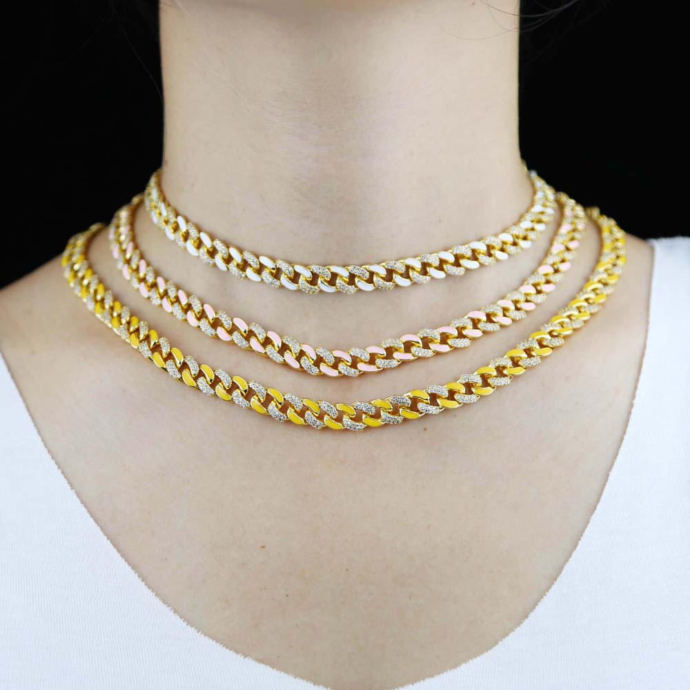 New Arrival Enamel Gold Color Cuban Link Chain Half Enamel Half CZ Cubic Zirconia Cuban Choker Necklace Adjusted Slider Chains for Women