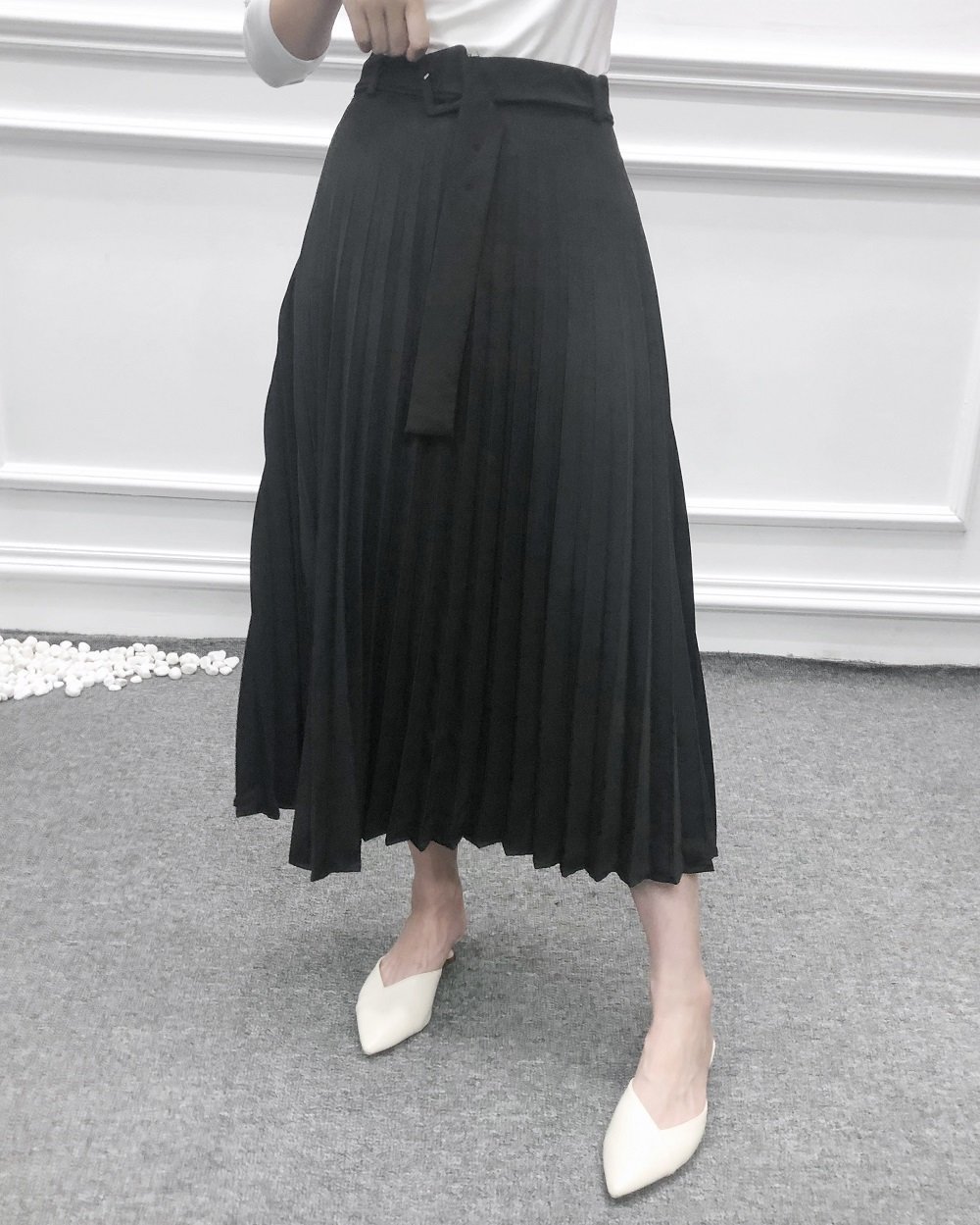 New Women fashion belt solid color pleated midi skirt faldas mujer ladies side zipper vestidos retro casual slim skirts QUN481 T200106