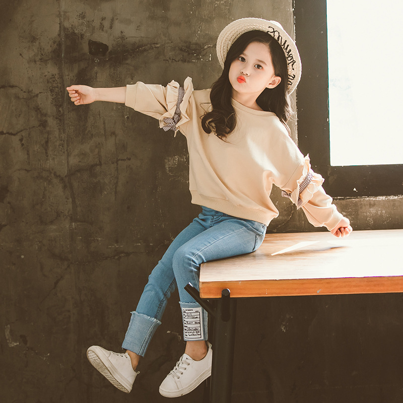 LZH 2020 Autumn Sets For Teenager Girls Lace Sleeve Sweater + Denim Trousers Fashionable Soft Children Wear Clothing Kids SuitsX1019