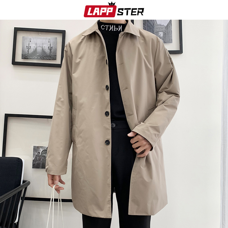 LAPPSTER Oversize Men Streetwear Trench Coat Autumn Mens Hip Hop Harajuku Long Jackets Coats Vintage Male Black Windbreaker 201211
