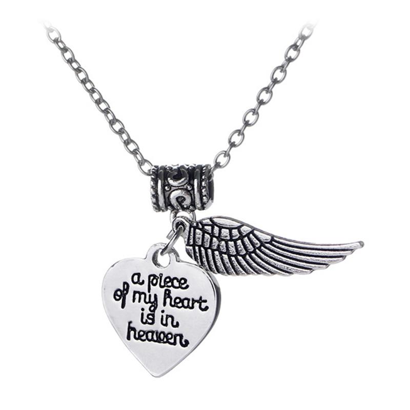 A Piece of My Heart Is In Heaven Carving Heart Wing Pendant Memorial Necklace