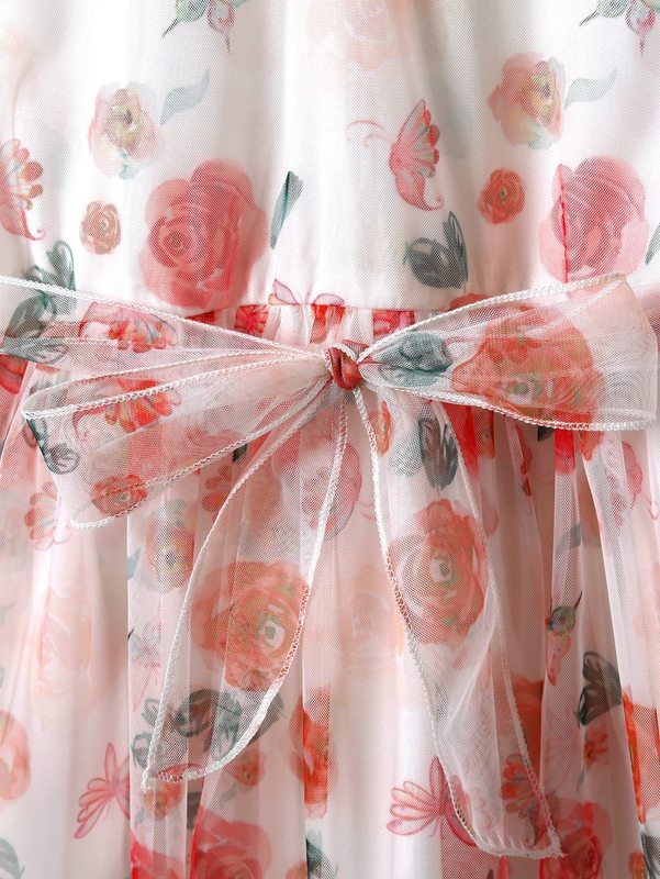 Girls Floral Print Contrast Guipure Lace Belted Mesh Dress SHE