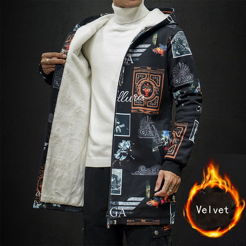 winter Men fashion bigger sizes printing Fleece trench Plus velvet thicken coat Medium long trench coat male Chinese style 201128