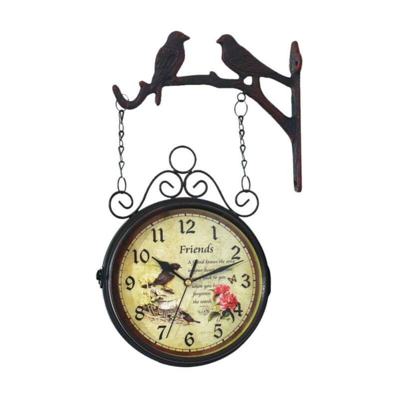 1pc Wall Clock Home Decor Garden Gifts Station Iron Double Sided Hanging