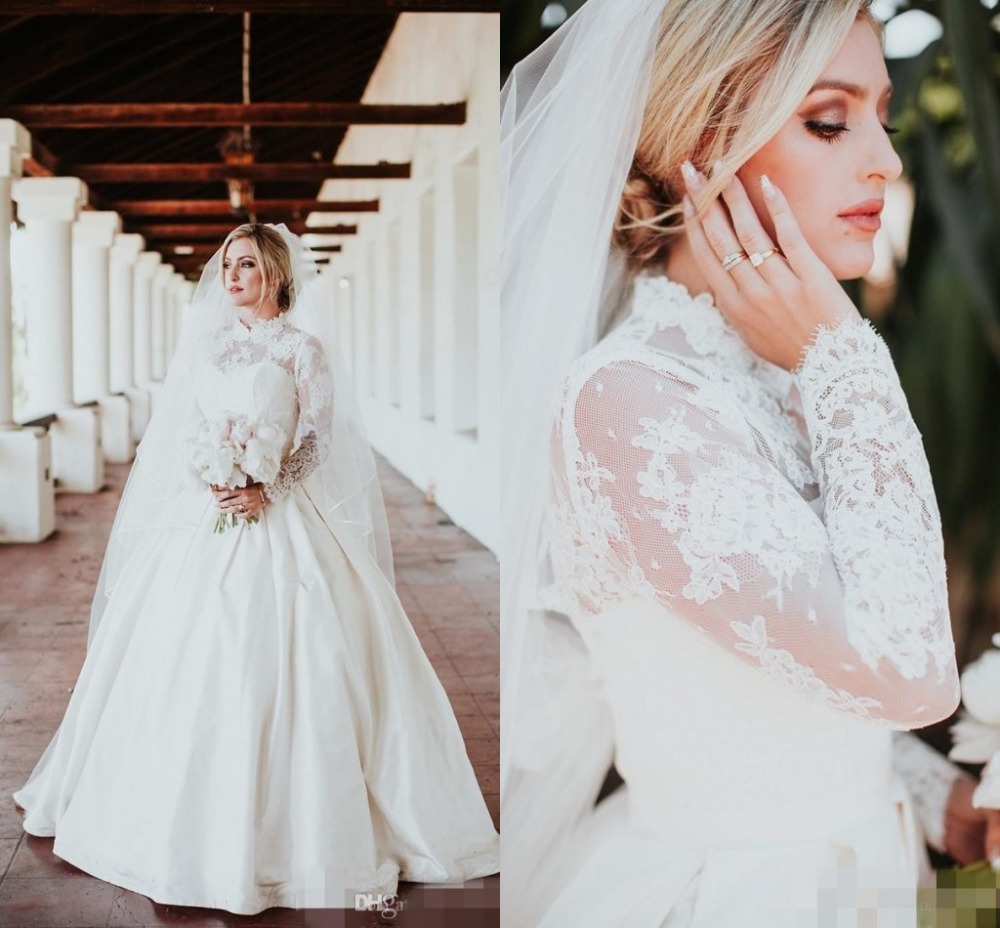 2021 Charming High Neck Long Sleeves Lace Garden Wedding Dresses Sexy Open Back Chapel Bridal Formal Bridal Gowns Wedding Dress Plus Size