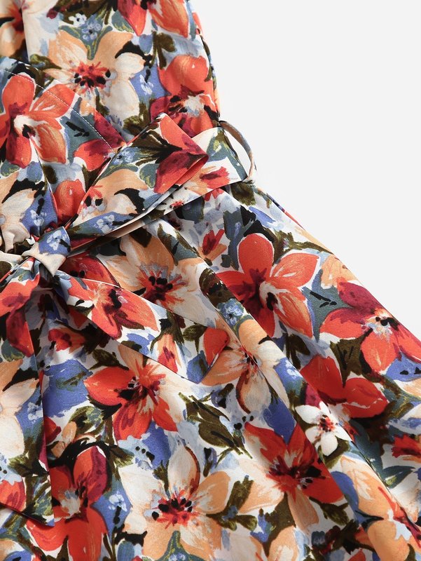 Girls Allover Floral Print Belted Cami Dress SHE