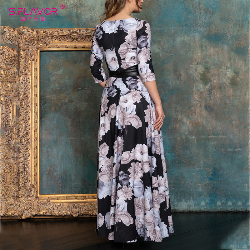 S.FLAVOR Women Elegant O Neck Long Dress Vintage Floral Printing Winter Fashion Casual Maxi Dress NO BELT Boho Party Vestidos De 201029