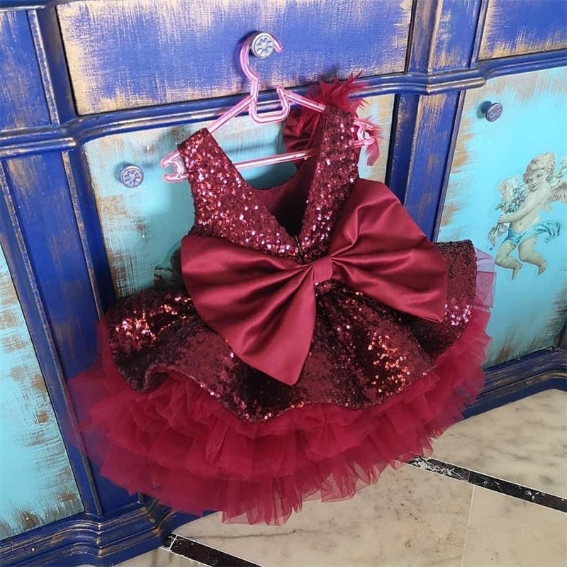Red Bling Bling Flower Girls Dresses Sleeveless Tiered Sequins Feather Bow First Communion Dress Custom Made Sweep Train Kids Formal Wear