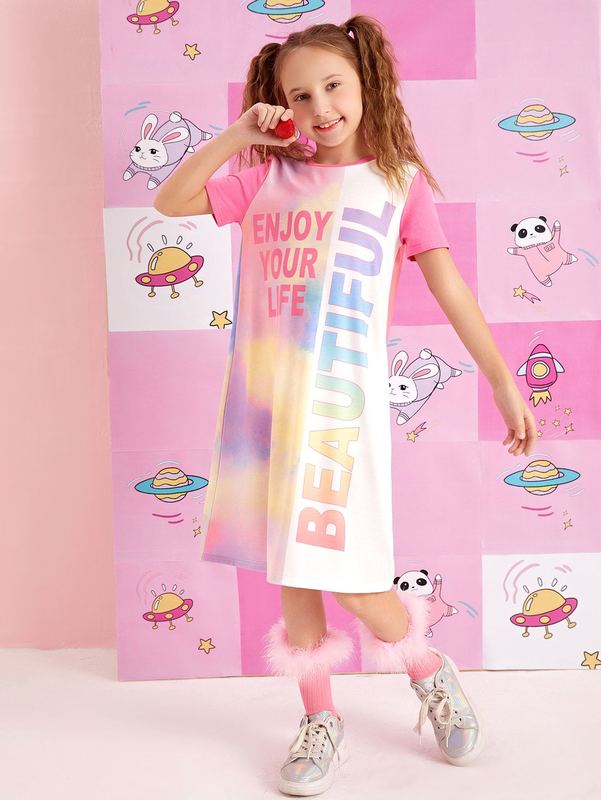 Girls Tie Dye & Slogan Graphic Dress SHE
