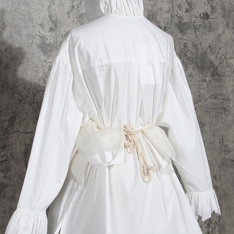 [EAM] Women White Ruffles Split Blouse New Stand Collar Long Sleeve Loose Fit Shirt Fashion Tide Spring Autumn 1N882 201126