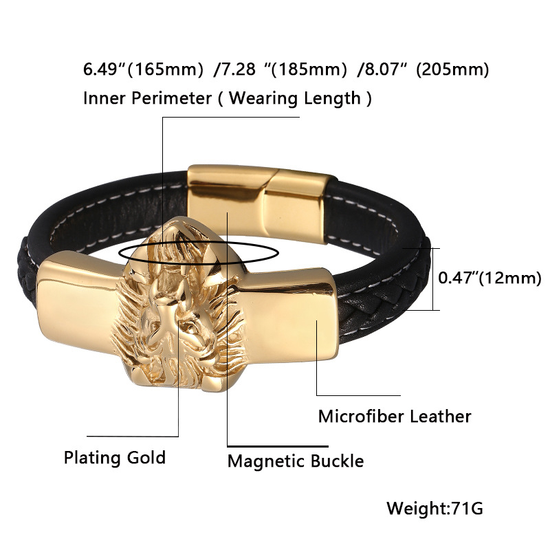 Hip Hop Men Jewelry Gold Plated Stainless Steel Lion Head Charm Leather Bracelet with Buckle