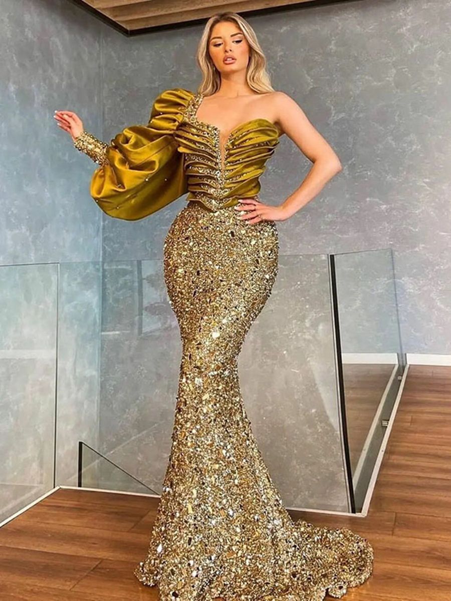 Yellow Sequins Prom Dresses Sexy Sweetheart One Shoulder Mermaid Formal Evening Gowns A Line Vestidos De Soiree