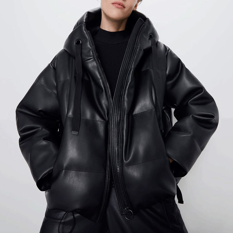 AORRYVLA Women's Winter Jacket Black Hooded PU Leather Coats Short Length Zipper Famale Casual Cotton Parkas 201020