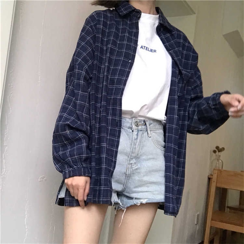 Women's Shirts Tunic Japan Kawaii Ladies Retro Chic Pocket Split Plaid Shirt Casual Female Punk Harajuku Cute Clothes For Women T200322