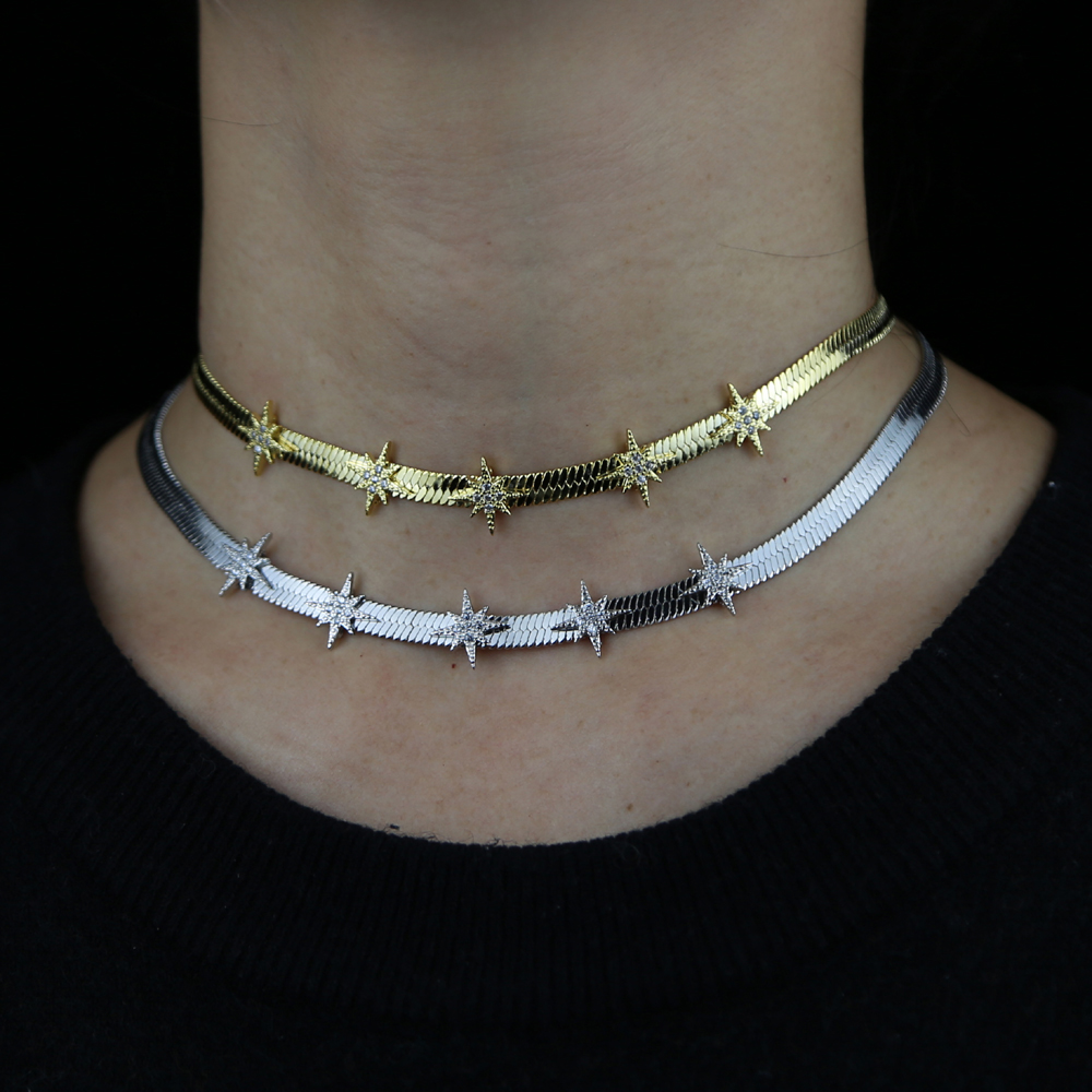 High Quality Gold Color European Women Collar Chains 5MM Width Herringbone Snake Chain CZ Star Starburst Charm Necklace
